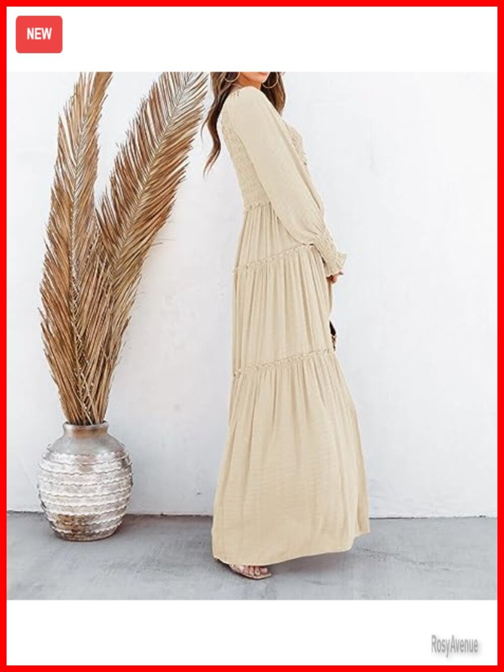 Long Sleeve V Neck Empire Waist Layered Ruffle Flowy Boho Maxi Dress - Picture 5 of 7